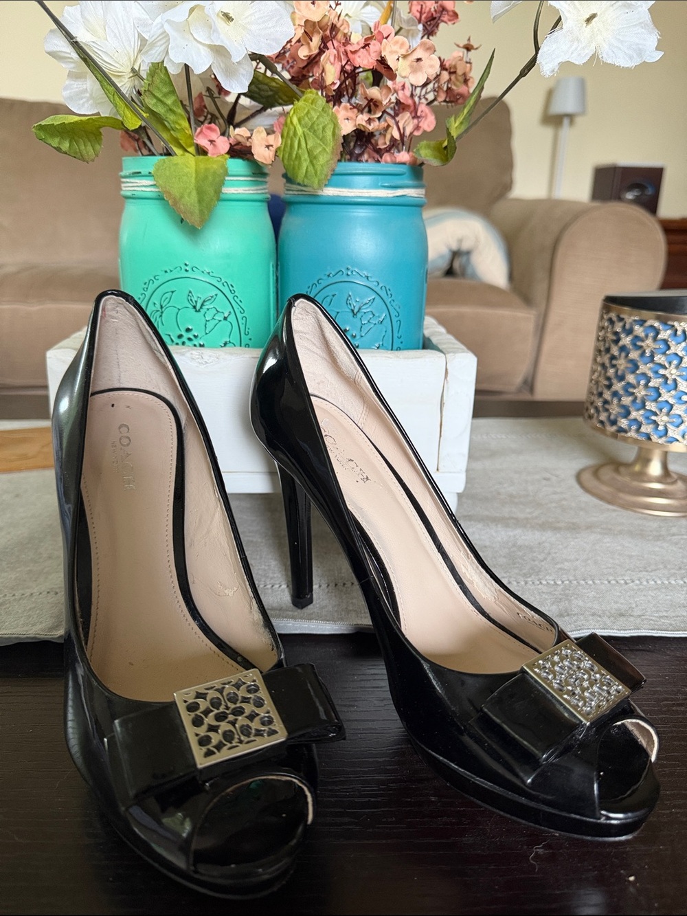 Coach patent leather peep toe heels